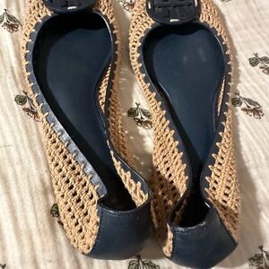 Tory Burch Navy and Tan Woven Flats